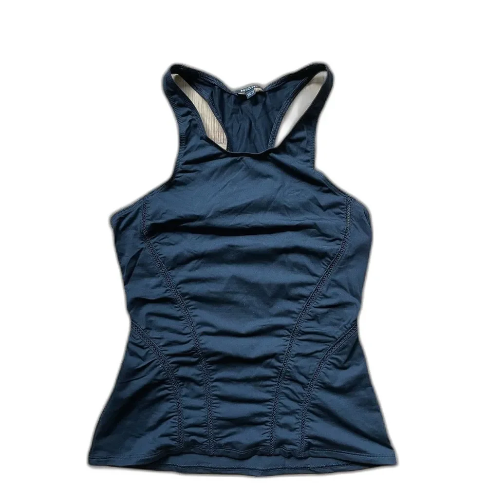 NWOT $120 Michi Black Halterneck Racerback Tank w/ contoured mesh seams, Size XS